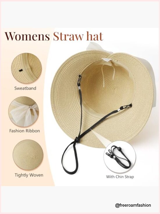 Foldable Straw Sun Hat UPF 50+ Wide Brim Adjustable Chin Strap
